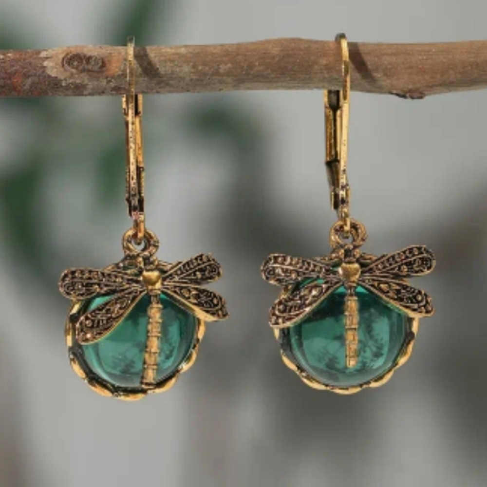 Emerald Green Cabachon and Brass Dragonfly Earrings